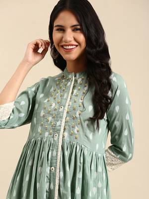 women's calf length mandarin collar sea green ethnic motifs anarkali kurta 1