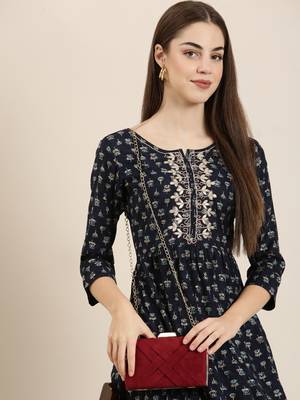 women's ankle length round neck navy blue floral a-line kurta 1