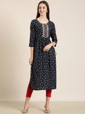 women's ankle length round neck navy blue floral a-line kurta 2