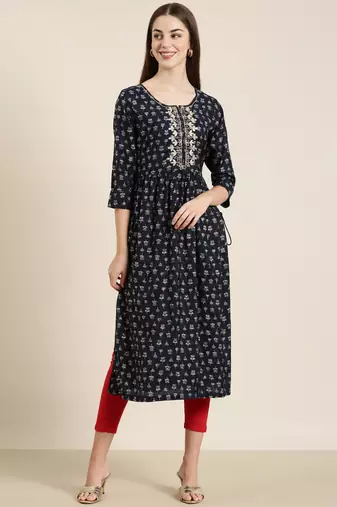 women's ankle length round neck navy blue floral a-line kurta