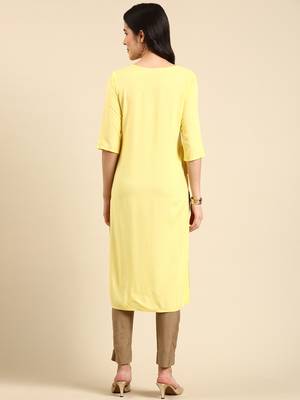 women's calf length round neck yellow embellished straight kurta 5
