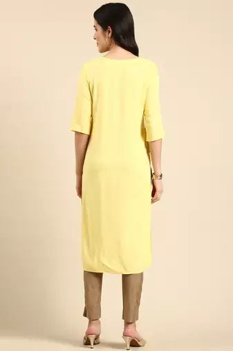 women's calf length round neck yellow embellished straight kurta