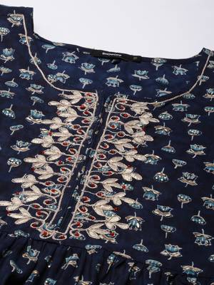 women's ankle length round neck navy blue floral a-line kurta 3