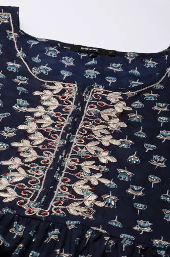 women's ankle length round neck navy blue floral a-line kurta