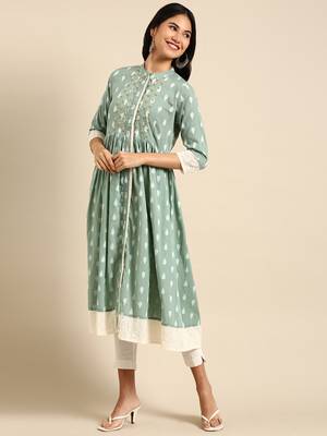 women's calf length mandarin collar sea green ethnic motifs anarkali kurta 4