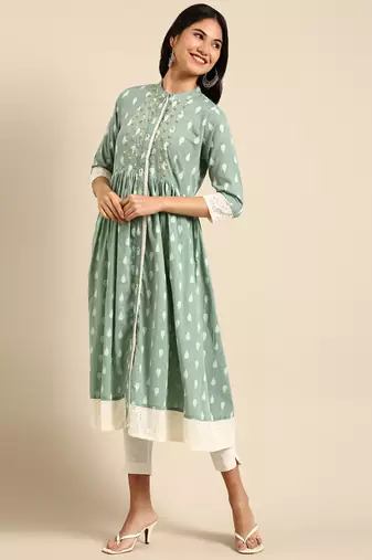 women's calf length mandarin collar sea green ethnic motifs anarkali kurta