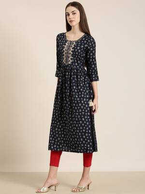 women's ankle length round neck navy blue floral a-line kurta 4