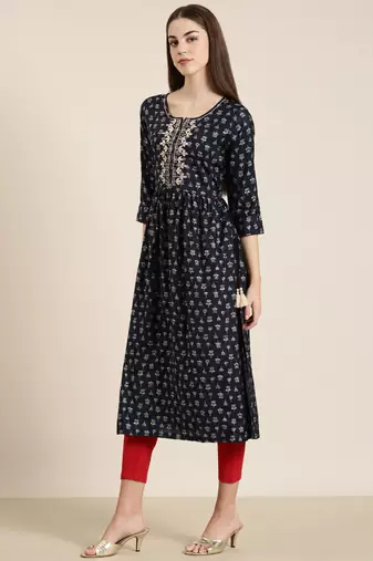 women's ankle length round neck navy blue floral a-line kurta