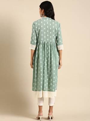 women's calf length mandarin collar sea green ethnic motifs anarkali kurta 5
