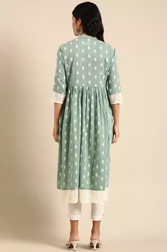 women's calf length mandarin collar sea green ethnic motifs anarkali kurta