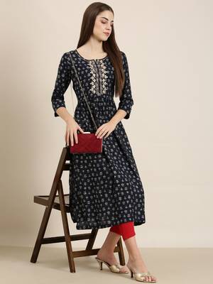 women's ankle length round neck navy blue floral a-line kurta 5