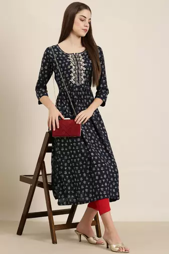 women's ankle length round neck navy blue floral a-line kurta