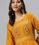 women's calf length round neck mustard ethnic motifs a-line kurta