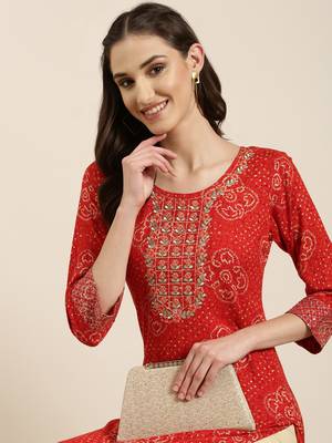 women's calf length round neck red bandhani straight kurta 1
