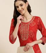 women's calf length round neck red bandhani straight kurta