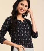 women's calf length round neck black ethnic motifs straight kurta