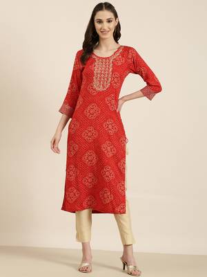 women's calf length round neck red bandhani straight kurta 2