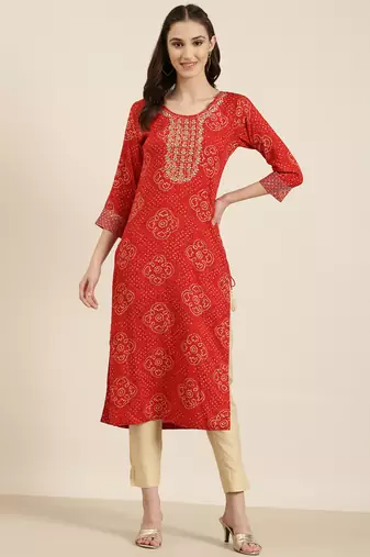 women's calf length round neck red bandhani straight kurta