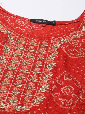 women's calf length round neck red bandhani straight kurta 3