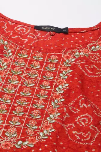 women's calf length round neck red bandhani straight kurta