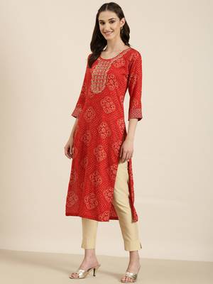 women's calf length round neck red bandhani straight kurta 4
