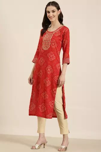 women's calf length round neck red bandhani straight kurta