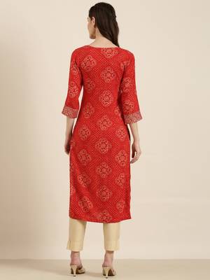 women's calf length round neck red bandhani straight kurta 5