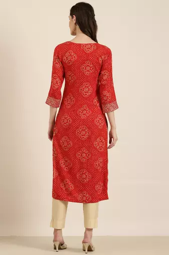 women's calf length round neck red bandhani straight kurta