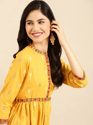 women's calf length mandarin collar mustard solid a-line kurta 1