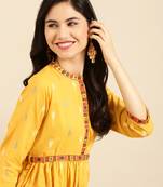 women's calf length mandarin collar mustard solid a-line kurta