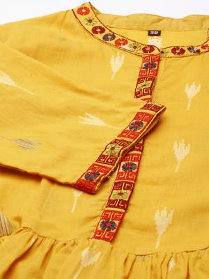 women's calf length mandarin collar mustard solid a-line kurta 2