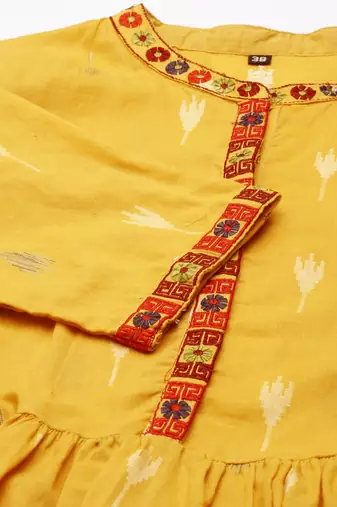women's calf length mandarin collar mustard solid a-line kurta