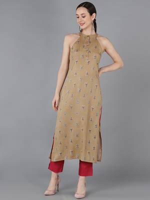 women beige cotton ethnic motifs printed straight kurta 1