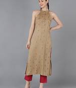 women beige cotton ethnic motifs printed straight kurta
