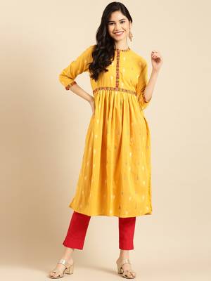 women's calf length mandarin collar mustard solid a-line kurta 3