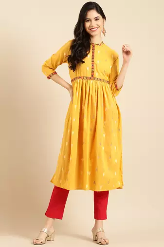 women's calf length mandarin collar mustard solid a-line kurta