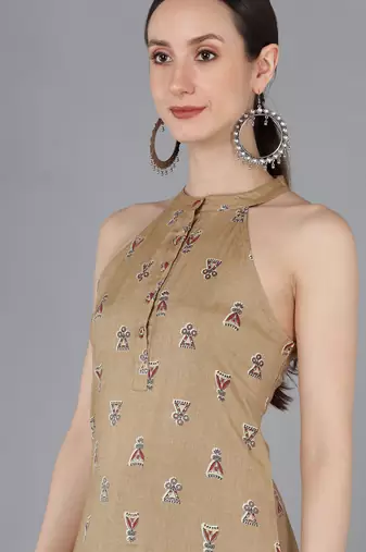 women beige cotton ethnic motifs printed straight kurta