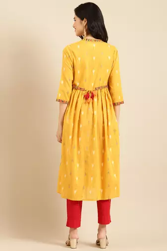 women's calf length mandarin collar mustard solid a-line kurta