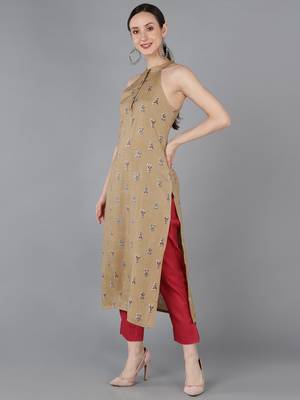 women beige cotton ethnic motifs printed straight kurta 3