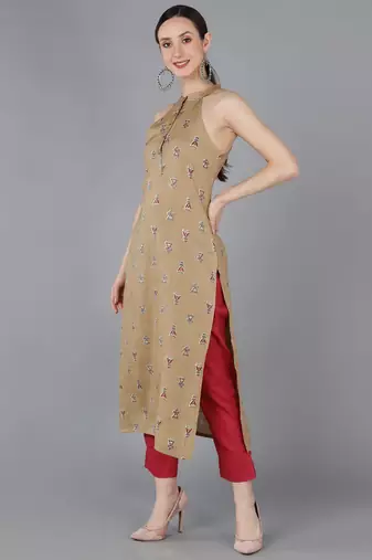 women beige cotton ethnic motifs printed straight kurta