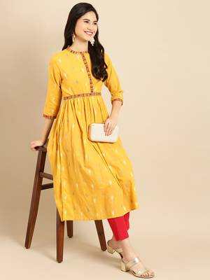 women's calf length mandarin collar mustard solid a-line kurta 5