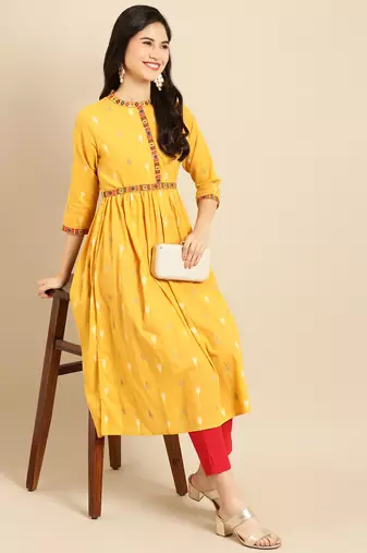 women's calf length mandarin collar mustard solid a-line kurta