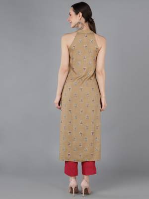 women beige cotton ethnic motifs printed straight kurta 4