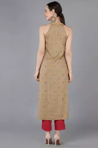women beige cotton ethnic motifs printed straight kurta