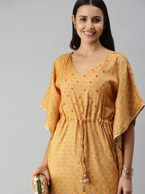 women's ankle length v-neck mustard floral kaftan kurta 1