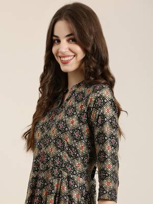 women's ankle length mandarin collar black bandhani anarkali kurta 1