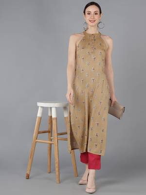 women beige cotton ethnic motifs printed straight kurta 5