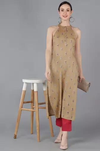women beige cotton ethnic motifs printed straight kurta