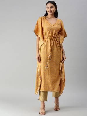 women's ankle length v-neck mustard floral kaftan kurta 2