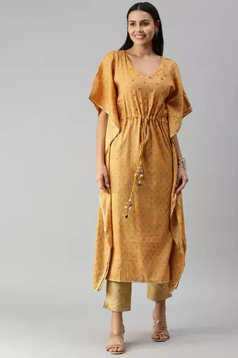 women's ankle length v-neck mustard floral kaftan kurta